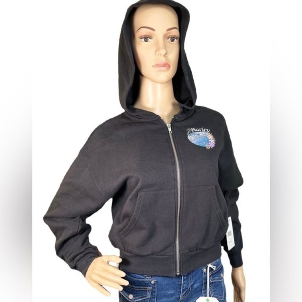 NEW HURLEY Juniors Crop Zip up Protect The Sea Hoodie Black extra small NWT